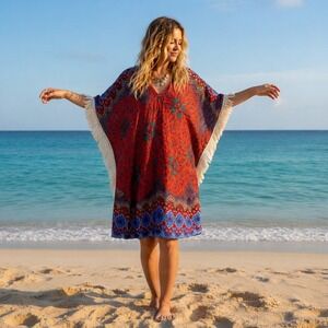 Womens Boho Mandala Fringe Caftan Dress One Size Multicolor Hippie Beachy